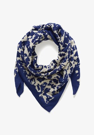 Quadratischer marineblauer Schal mit unregelmäßigen weißen abstrakten Flecken, gefaltet und locker in Spiralform drapiert.