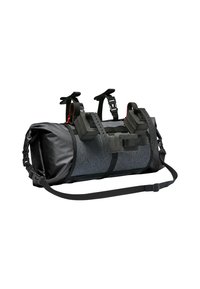 Borsa duffel nera e grigia con forma cilindrica, cinturini regolabili, manico laterale e un motivo superficiale texturizzato. Materiale resistente.