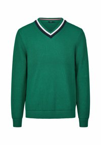 Grüner gerippter Pullover mit V-Ausschnitt, der mit einem navy- und weißen Streifenakzent versehen ist. Lange Ärmel und ein strukturiertes Material schaffen Tiefe.