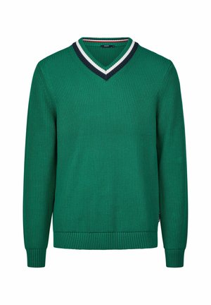 Groene geribbelde trui met een V-hals, voorzien van een marineblauwe en witte gestreepte accenten. Lange mouwen en een gestructureerde stof zorgen voor diepte.