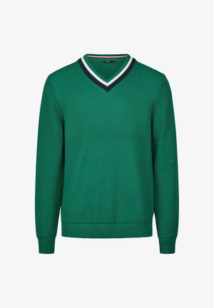 Grüner gerippter Pullover mit V-Ausschnitt, der mit einem navy- und weißen Streifenakzent versehen ist. Lange Ärmel und ein strukturiertes Material schaffen Tiefe.