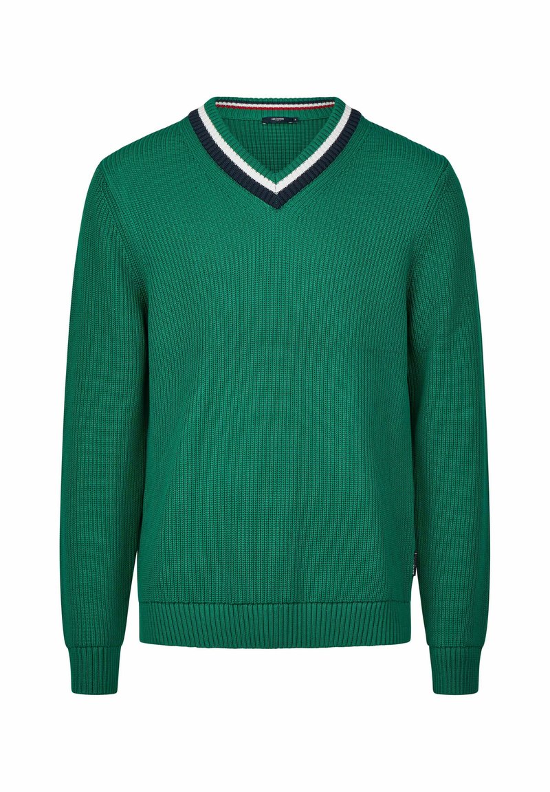 Grüner gerippter Pullover mit V-Ausschnitt, der mit einem navy- und weißen Streifenakzent versehen ist. Lange Ärmel und ein strukturiertes Material schaffen Tiefe.