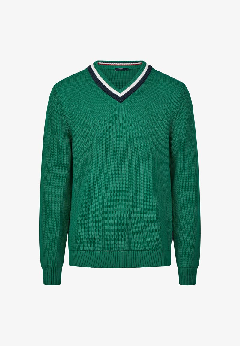 Grüner gerippter Pullover mit V-Ausschnitt, der mit einem navy- und weißen Streifenakzent versehen ist. Lange Ärmel und ein strukturiertes Material schaffen Tiefe.