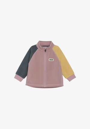 Giacca in pile con zip, caratterizzata da maniche a blocchi di colore grigio, giallo e rosa. Texture morbida, colletto alto e patch con logo sul davanti.