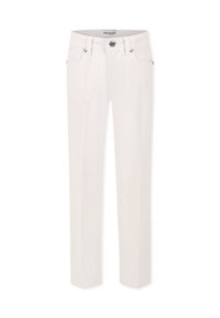 Jeans bianchi a gamba dritta realizzati in denim, con chiusura frontale a bottone e zip, due tasche anteriori e un'etichetta sulla vita.