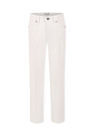 Jeans bianchi a gamba dritta realizzati in denim, con chiusura frontale a bottone e zip, due tasche anteriori e un'etichetta sulla vita.