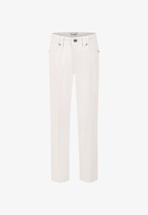 Jeans bianchi a gamba dritta realizzati in denim, con chiusura frontale a bottone e zip, due tasche anteriori e un'etichetta sulla vita.