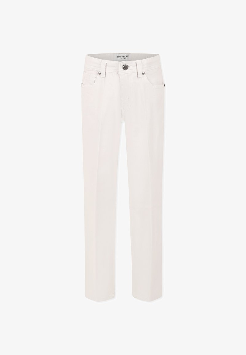 Jeans bianchi a gamba dritta realizzati in denim, con chiusura frontale a bottone e zip, due tasche anteriori e un'etichetta sulla vita.