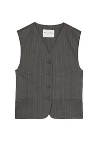 Gray pinstriped vest with a V-neckline, front buttons, and two side pockets. Fabric is smooth with a tailored, fitted silhouette.