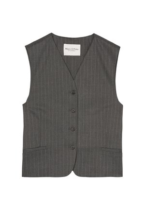 Gray pinstriped vest with a V-neckline, front buttons, and two side pockets. Fabric is smooth with a tailored, fitted silhouette.