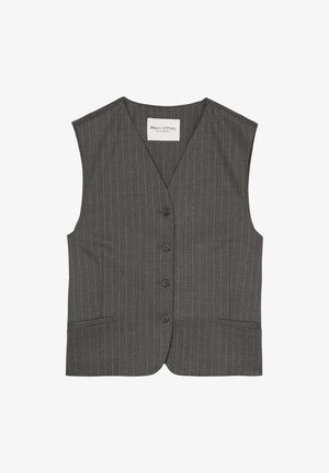 Gray pinstriped vest with a V-neckline, front buttons, and two side pockets. Fabric is smooth with a tailored, fitted silhouette.