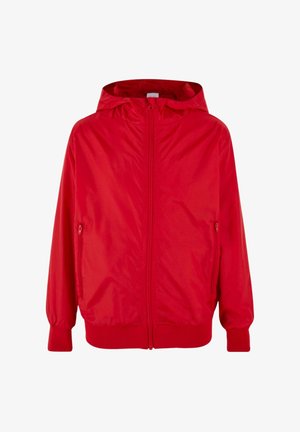 Rote Kapuzenjacke mit Frontreißverschluss, zwei seitlichen Reißverschlusstaschen, gerippten Bündchen und Bund, auf weißem Hintergrund dargestellt.