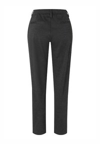 Dark gray, straight-leg trousers with a subtle herringbone texture, featuring two rear pockets and a flat waistband design.