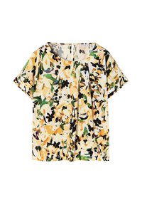 Blusa a maniche corte con motivo floreale caratterizzata da tonalità di giallo, verde e nero. Realizzata in tessuto leggero, con scollatura rotonda e chiusura sul retro.