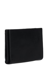 Sort læderpung med en glat tekstur og foldet design. Har rene linjer og minimal hardware. Kompakt og funktionel form.