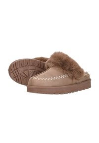 Bruine suède slippers met bontafwerking en witte stiksels, voorzien van een gestructureerde rubberen zool met een cirkelpatroon voor grip.