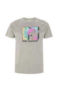 Šedé bavlněné tričko s barevným tie-dye designem loga MTV. Krátké rukávy a styl s kulatým výstřihem. Hladká textura a ležérní střih.