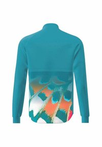 Sudadera color turquesa con un diseño texturizado que presenta patrones abstractos en naranja y azul en la mitad inferior y un alto cuello.