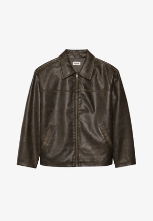 Brown leather jacket with a collar, zip closure, and two side pockets. Smooth texture with a slightly distressed finish.