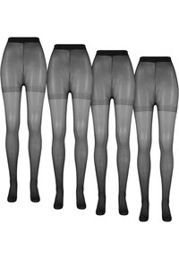 Collant neri trasparenti con una ampia fascia elastica in vita, caratterizzati da una consistenza liscia, un colore uniforme e privo di motivi o accenti visibili.