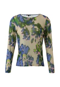Langärmliges Oberteil aus leichtem Stoff mit einem farbenfrohen abstrakten Blumenmuster in Grüntönen, Blau und Pink auf einem beigen Hintergrund.