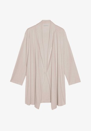 Cardigan beige ouvert devant avec manches longues, coupe ample et col drapé, fabriqué en tissu léger et doux.