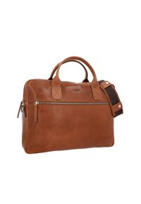 Brown leather satchel bag with dual top handles, adjustable shoulder strap, front zipper pocket, and smooth texture. Features embossed logo.