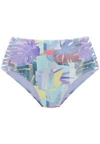 Aukštos talijos bikini apatinės dalys su daugiaspalviu tropiniu lapų raštu violetinės, mėlynos ir geltonos spalvų; turi šonines raukšlės detales.