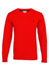 Roter V-Ausschnitt-Pullover aus Strickstoff, mit langen Ärmeln und einem dezenten marineblauen Logo auf der linken Brust. Strukturierter, gerippter Saum und Bündchen.