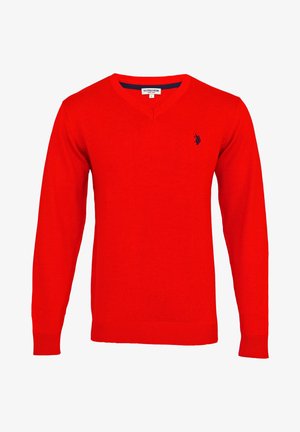 Rode V-hals trui gemaakt van gebreide stof, met lange mouwen en een subtiel marineblauw logo op de linkerborst. Getextureerde geribbelde zoom en manchetten.