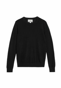 Maglione nero a collo rotondo in morbido tessuto a maglia. Maniche lunghe, polsini e orlo a coste. Design minimalista, senza motivi o decorazioni.