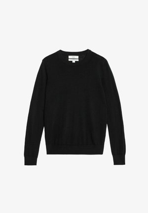 Suéter negro de cuello redondo en un suave tejido de punto. Manga larga, puños y dobladillo acanalados. Diseño minimalista, sin patrones ni adornos.