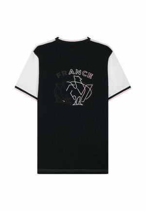T-shirt à manches courtes noir et blanc avec le texte « FRANCE » et un graphisme stylisé de coq contouré en rose et blanc au dos.