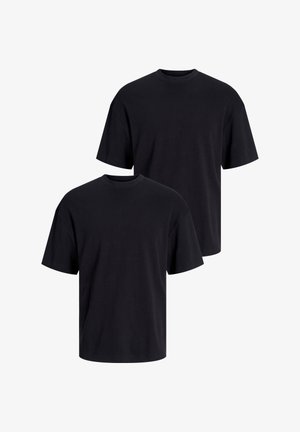 Two short-sleeve t-shirts in solid black, made of cotton; features a crew neck, relaxed fit, and no visible patterns or accents.