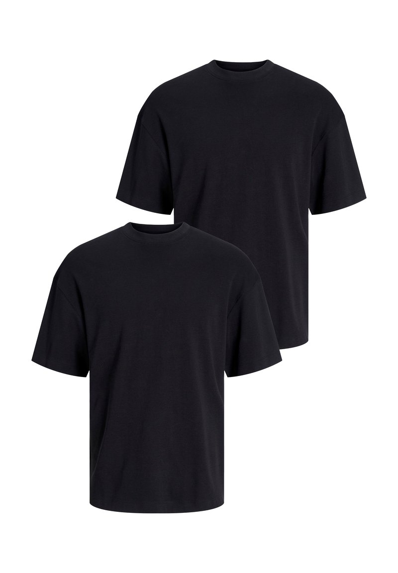 Zwei kurzärmelige T-Shirts in einfarbig Schwarz, aus Baumwolle; mit Rundhalsausschnitt, lockerer Passform und ohne sichtbare Muster oder Akzente.