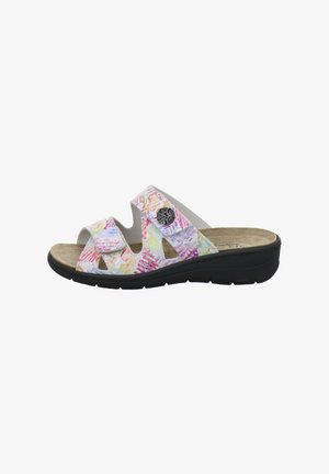 White open-toe sandal with multicolor abstract patterns, two adjustable straps, cushioned footbed, and black sole.