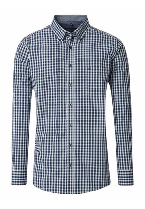 Langärmliges Hemd im blau-weißen Karomuster. Verfügt über einen Button-Down-Kragen und eine Fronttasche mit blauen Knöpfen. Hergestellt aus gewebtem Stoff.