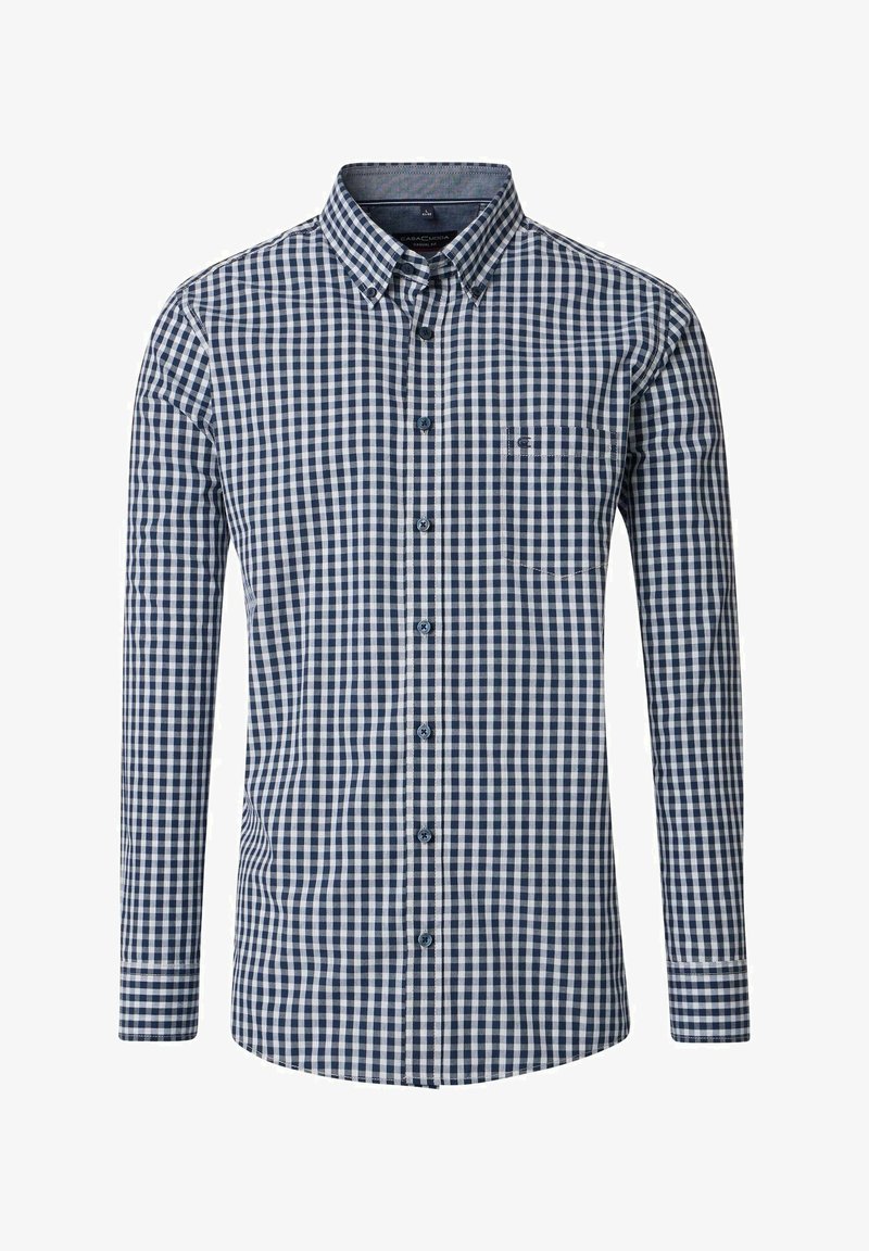 Navy and white checkered long-sleeve shirt with button-down collar, front buttons, and chest pocket on plain background.