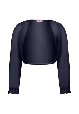 Boléro bleu marine court à manches longues avec devant ouvert et poignets légèrement froncés, en tissu léger transparent.