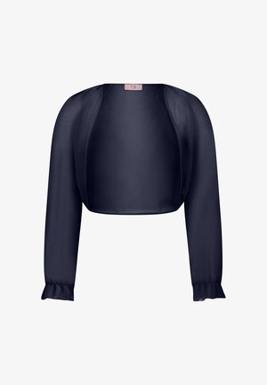 Boléro bleu marine court à manches longues avec devant ouvert et poignets légèrement froncés, en tissu léger transparent.