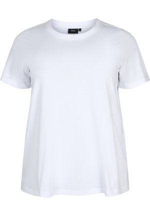T-shirt blanc uni à manches courtes, col rond, revers de manches pliés et coupe décontractée, taille indiquée medium.