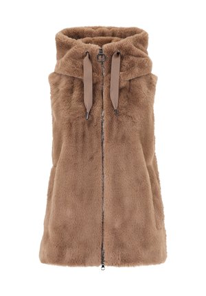 Gilet en fausse fourrure marron avec capuche, fermeture éclair à l'avant et deux cordons de serrage. Présente une texture douce et une coupe symétrique, idéale pour le superposition.