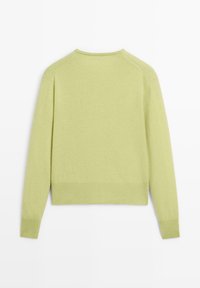 Maglione lavorato a maglia verde chiaro, maniche lunghe, collo a giro, bordo e polsini a coste, texture liscia, design semplice, senza motivi o borchie visibili.