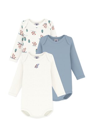 Tre langærmede babybodysuits, en hvid med hunde-broderi, en ensfarvet blå og en hvid med mønster af hund og træ.