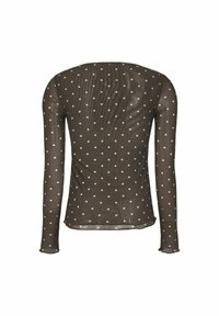 Long-sleeve, sheer brown top with white polka dots. Features a round neckline and fitted design, with smooth texture and lightweight material.