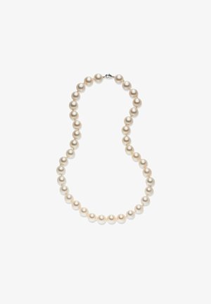 Klassisk perlekæde med runde, hvide perler med en glat og blank overflade, afsluttet med en sølvlås.