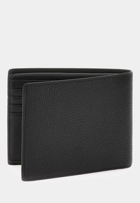 Portefeuille en cuir noir avec une surface texturée, design pliant, plusieurs emplacements pour cartes et un bord lisse et minimaliste.