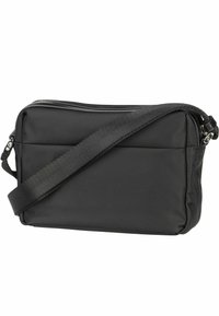 Borsa a tracolla sintetica nera con forma rettangolare, chiusura con zip e tracolla regolabile. Texture liscia con design minimalista.