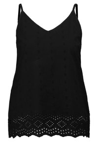 Black sleeveless top with a V-neck, featuring textured fabric, small dot patterns, and a scalloped eyelet lace hem.