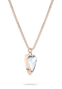 Rosaguld kæde med en klar hjerteformet pendants og indgraveret "LIEBESID." Elegant, blank finish med reflekterende overflade.